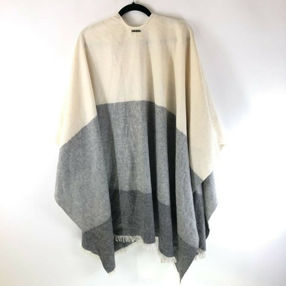 Michael Kors Womens Poncho Wrap Sweater Wool Colorblock Ivory Gray One Size - Picture 2 of 3